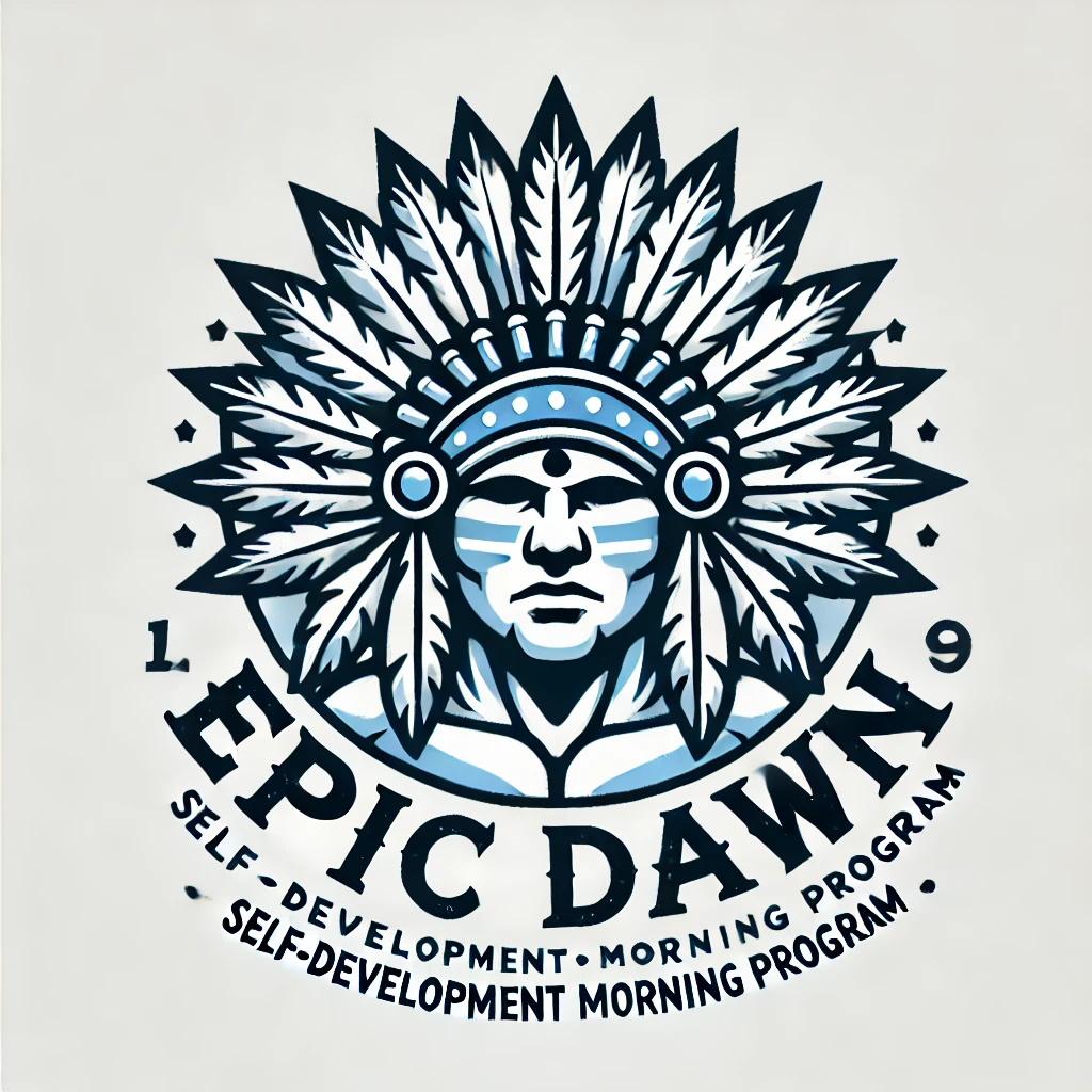 DALL·E 2024-11-15 04.00.07 - A hardcore and bold logo for 'EPIC DAWN,' a self-development morning program. The logo should feature a stylized sun with an Indian headdress, symboli